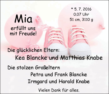 Babyanzeige von Mia  von Nordwest-Zeitung