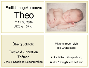 Babyanzeige von Theo  von Nordwest-Zeitung