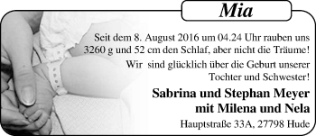 Babyanzeige von Mia Meyer von Nordwest-Zeitung