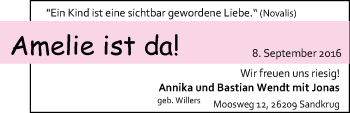Babyanzeige von Amelie Wendt von Nordwest-Zeitung
