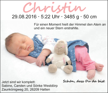 Babyanzeige von Christin Westdörp von Nordwest-Zeitung