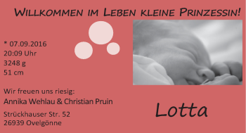 Babyanzeige von Lotta  von Nordwest-Zeitung