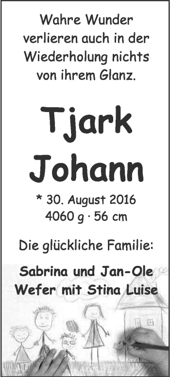 Babyanzeige von Tjark Johann Wefer von Nordwest-Zeitung