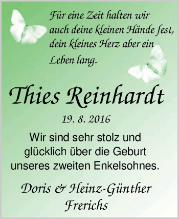 Babyanzeige von Thies Reinhardt von Nordwest-Zeitung