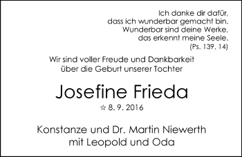 Babyanzeige von Josefine Frieda  von Nordwest-Zeitung