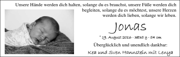 Babyanzeige von Jonas Hannstein von Nordwest-Zeitung