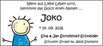 Babyanzeige von Joko Strodthoff-Schneider von Nordwest-Zeitung