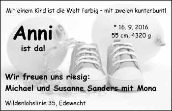 Babyanzeige von Anni Sanders von Nordwest-Zeitung