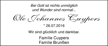 Babyanzeige von Ole Johannes  Cuypers von Nordwest-Zeitung
