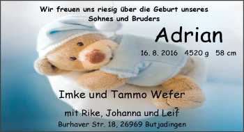 Babyanzeige von Adrian Wefer von Nordwest-Zeitung