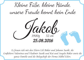 Babyanzeige von Jakob  von Nordwest-Zeitung