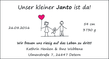 Babyanzeige von Janto  von Nordwest-Zeitung