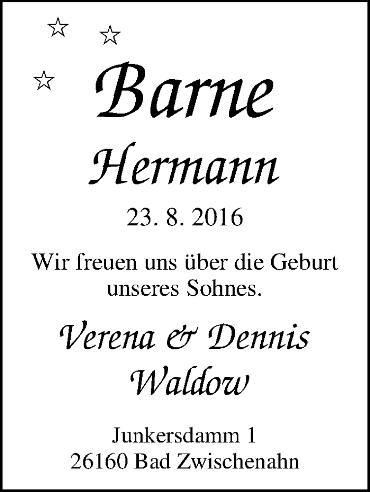 Anzeige für Barne Hermann Waldow vom 03.09.2016 aus Nordwest-Zeitung