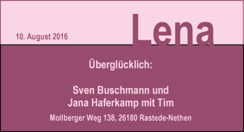 Babyanzeige von Lena  von Nordwest-Zeitung