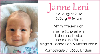 Babyanzeige von Janne Leni  von Nordwest-Zeitung