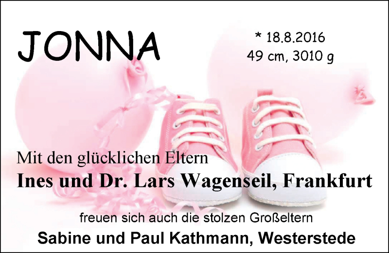 Anzeige für Jonna Wagenseil vom 03.09.2016 aus Nordwest-Zeitung