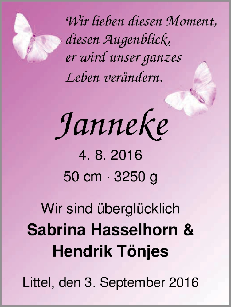 Anzeige für Janneke  vom 03.09.2016 aus Nordwest-Zeitung
