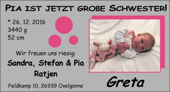 Babyanzeige von Greta Ratjen von Nordwest-Zeitung
