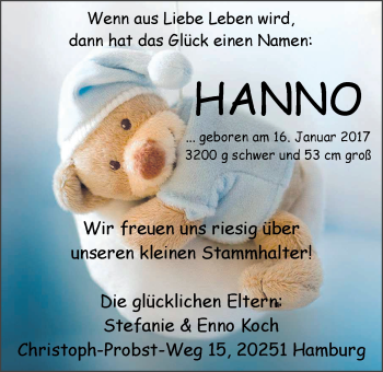 Babyanzeige von Hanno Carl Heinrich Koch von Nordwest-Zeitung