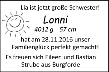Babyanzeige von Lonni Strube von Nordwest-Zeitung