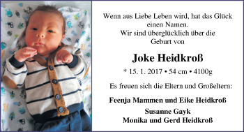 Babyanzeige von Joke Heidkroß von Nordwest-Zeitung