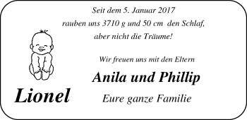 Babyanzeige von Lionel  von Nordwest-Zeitung