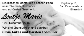 Babyanzeige von Lentje Marie Lohmüller von Nordwest-Zeitung
