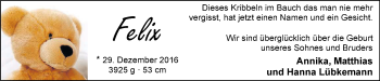 Babyanzeige von Felix Lübkemann von Nordwest-Zeitung