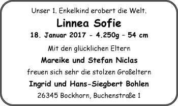 Babyanzeige von Linnea Sofie  von Nordwest-Zeitung