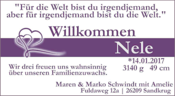 Babyanzeige von Nele Schwindt von Nordwest-Zeitung