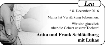 Babyanzeige von Lea Schlötelburg von Nordwest-Zeitung