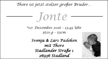 Babyanzeige von Jonte Padeken von Nordwest-Zeitung