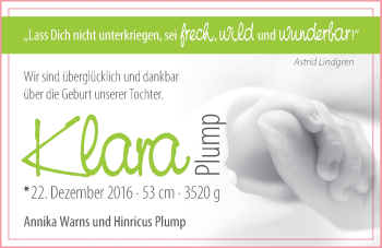 Babyanzeige von Klara Plump von Nordwest-Zeitung