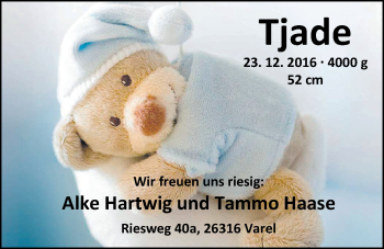 Babyanzeige von Tjade  von Nordwest-Zeitung