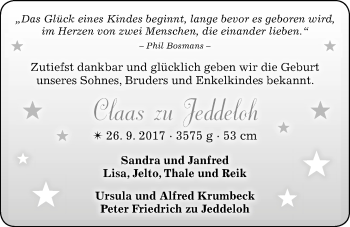 Babyanzeige von Claas zu Jeddeloh von Nordwest-Zeitung
