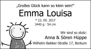 Babyanzeige von Emma Louisa Hüppe von Nordwest-Zeitung