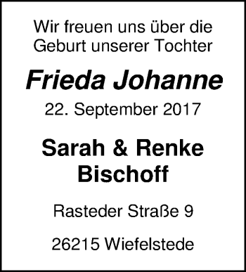 Babyanzeige von Frieda Johanne Bischoff von Nordwest-Zeitung