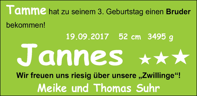 Anzeige für Jannes  vom 14.10.2017 aus Nordwest-Zeitung