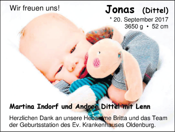 Babyanzeige von Jonas Dittel von Nordwest-Zeitung