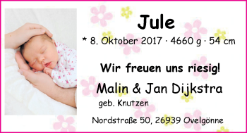 Babyanzeige von Jule Dijkstra von Nordwest-Zeitung