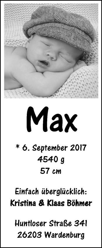 Babyanzeige von Max Boehmer von Nordwest-Zeitung