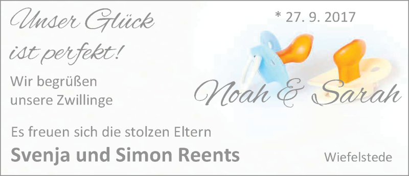 Anzeige für Sarah und Noah Reents vom 14.10.2017 aus Nordwest-Zeitung