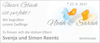 Babyanzeige von Sarah und Noah Reents von Nordwest-Zeitung