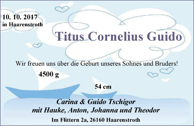 Anzeige für Titus Cornelius Guido  vom 14.10.2017 aus Nordwest-Zeitung