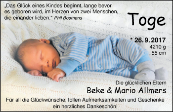 Babyanzeige von Toge Allmers von Nordwest-Zeitung