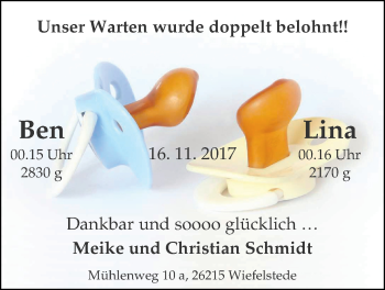 Babyanzeige von Ben und Lina Schmidt von Nordwest-Zeitung