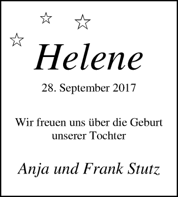Babyanzeige von Helene Stutz von Nordwest-Zeitung