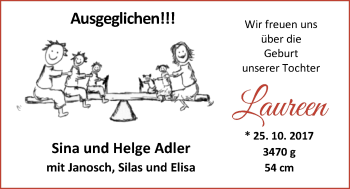 Babyanzeige von Laureen Adler von Nordwest-Zeitung