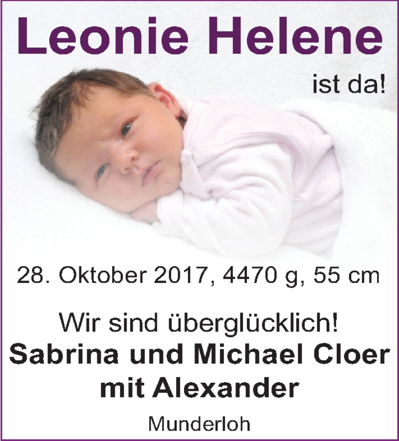 Anzeige für Leonie Helene  vom 25.11.2017 aus Nordwest-Zeitung