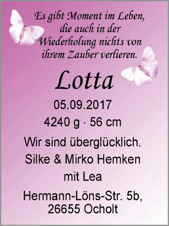 Babyanzeige von Lotta Hemken von Nordwest-Zeitung